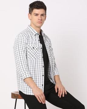 men checked slim fit shirt with flap pockets