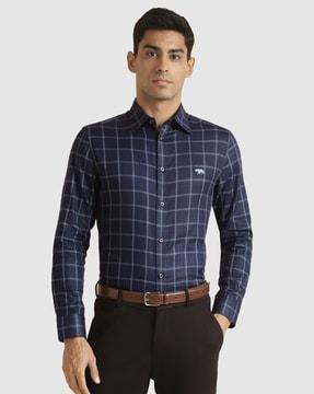 men checked slim fit shirt with spread collar