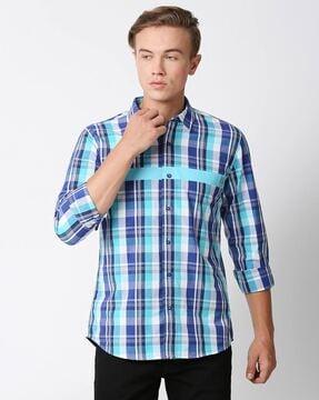 men checked slim fit shirt with spread collar