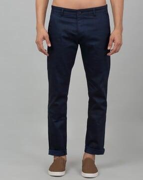 men checked straight fit flat-front chinos