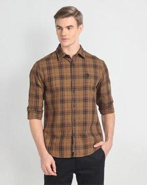 men checked tartan slim fit shirt