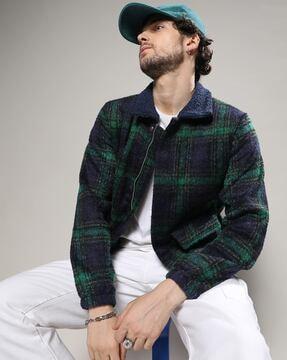 men checked zip-front regular fit bomber jacket