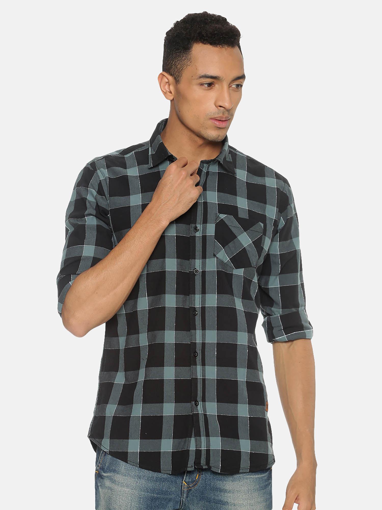 men checkered casual black shirt