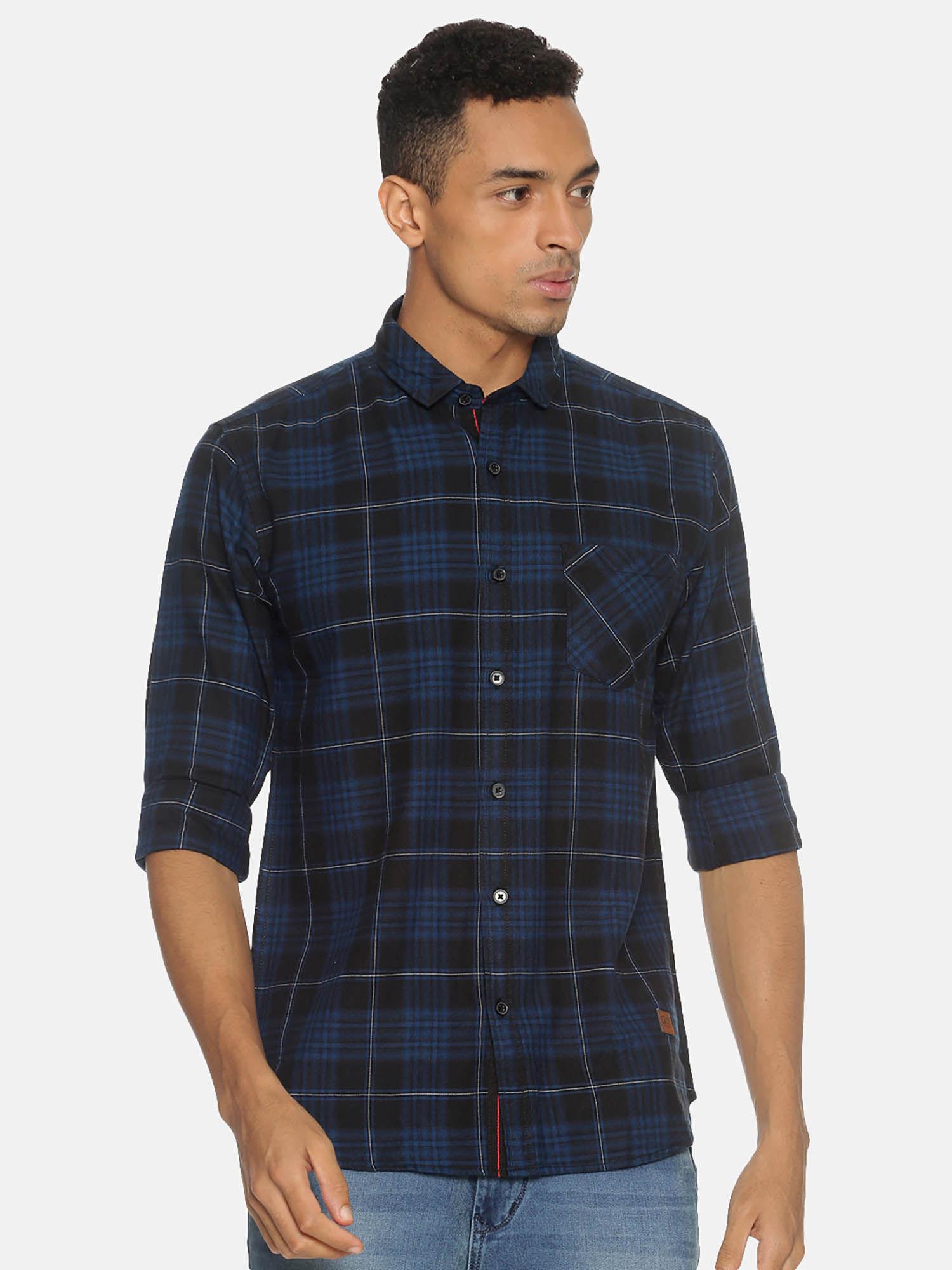 men checkered casual dark blue, black shirt