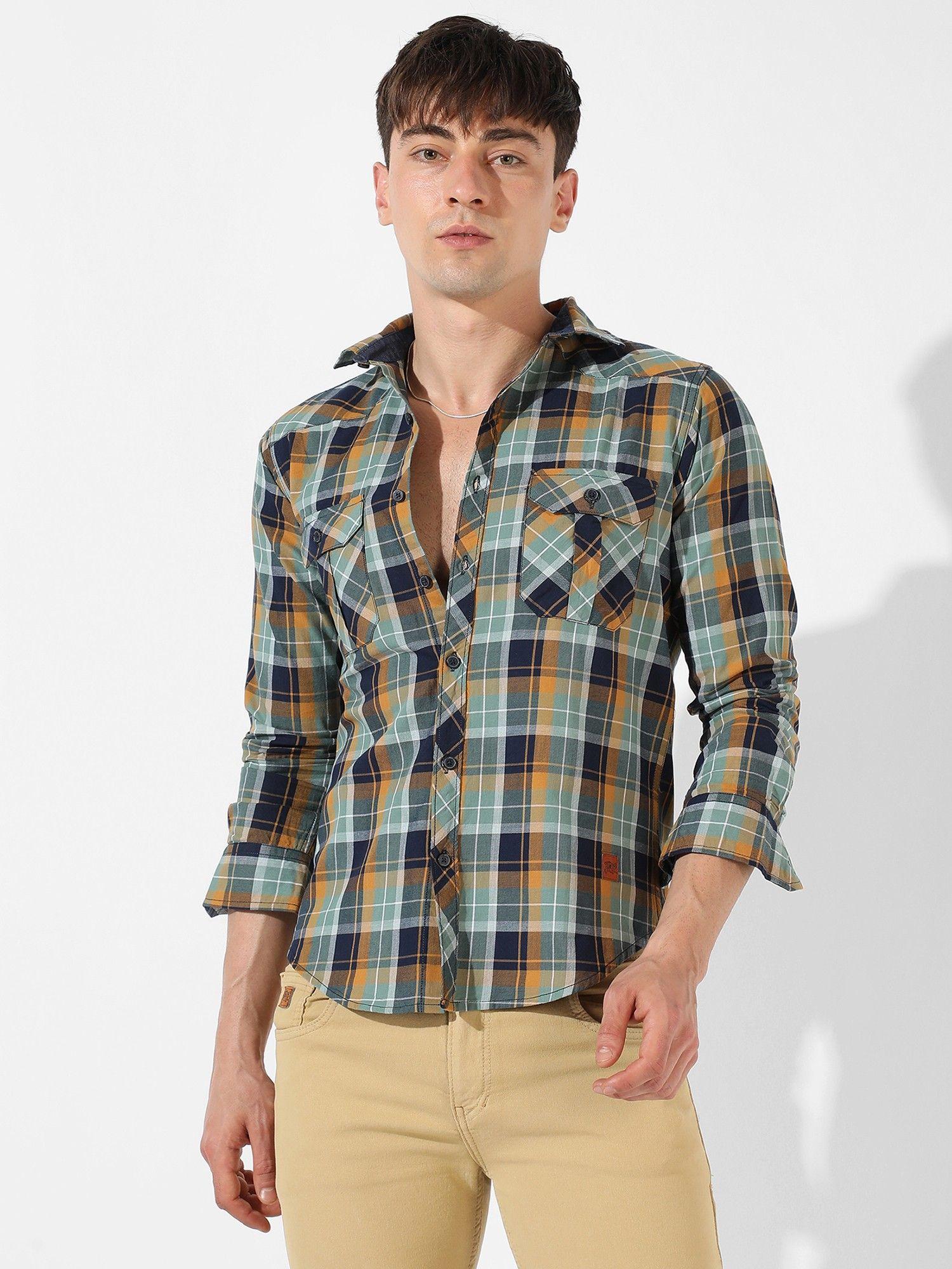 men checkered casual green shirt