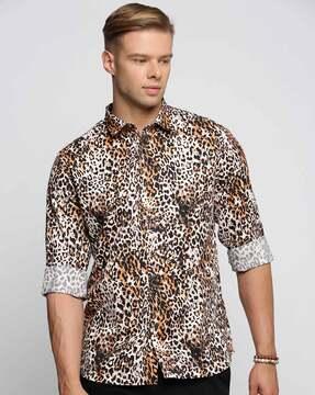 men cheetah print slim-fit shirt