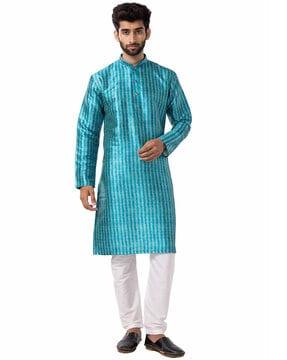 men chevron print regular fit long kurta with mandarin collar