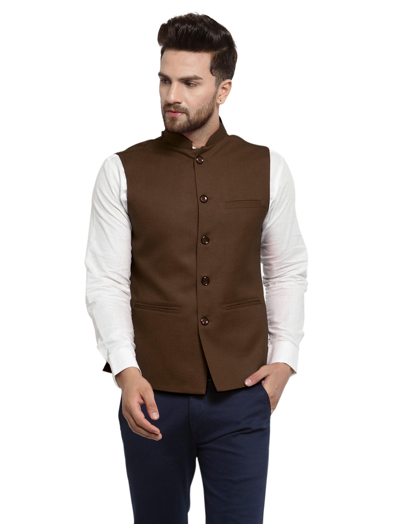 men chocolate brown solid nehru jacket