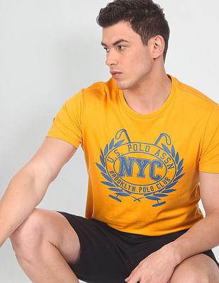 men chrome yellow crew neck brand print t-shirt