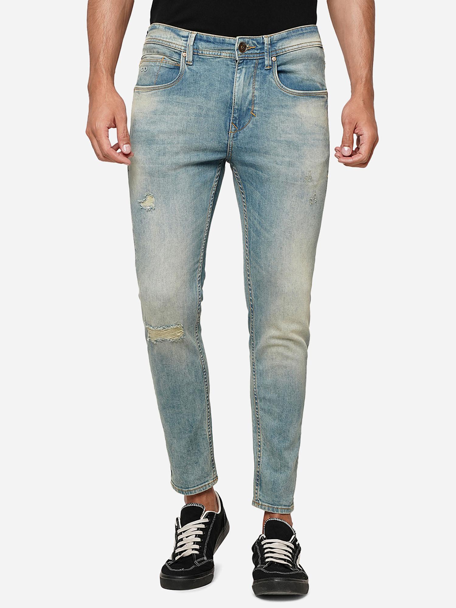 men cloud blue patterned slim fit jeans