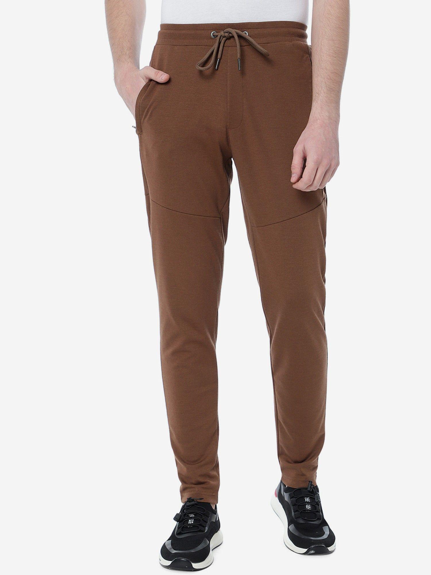 men coffee brown solid slim fit track pant