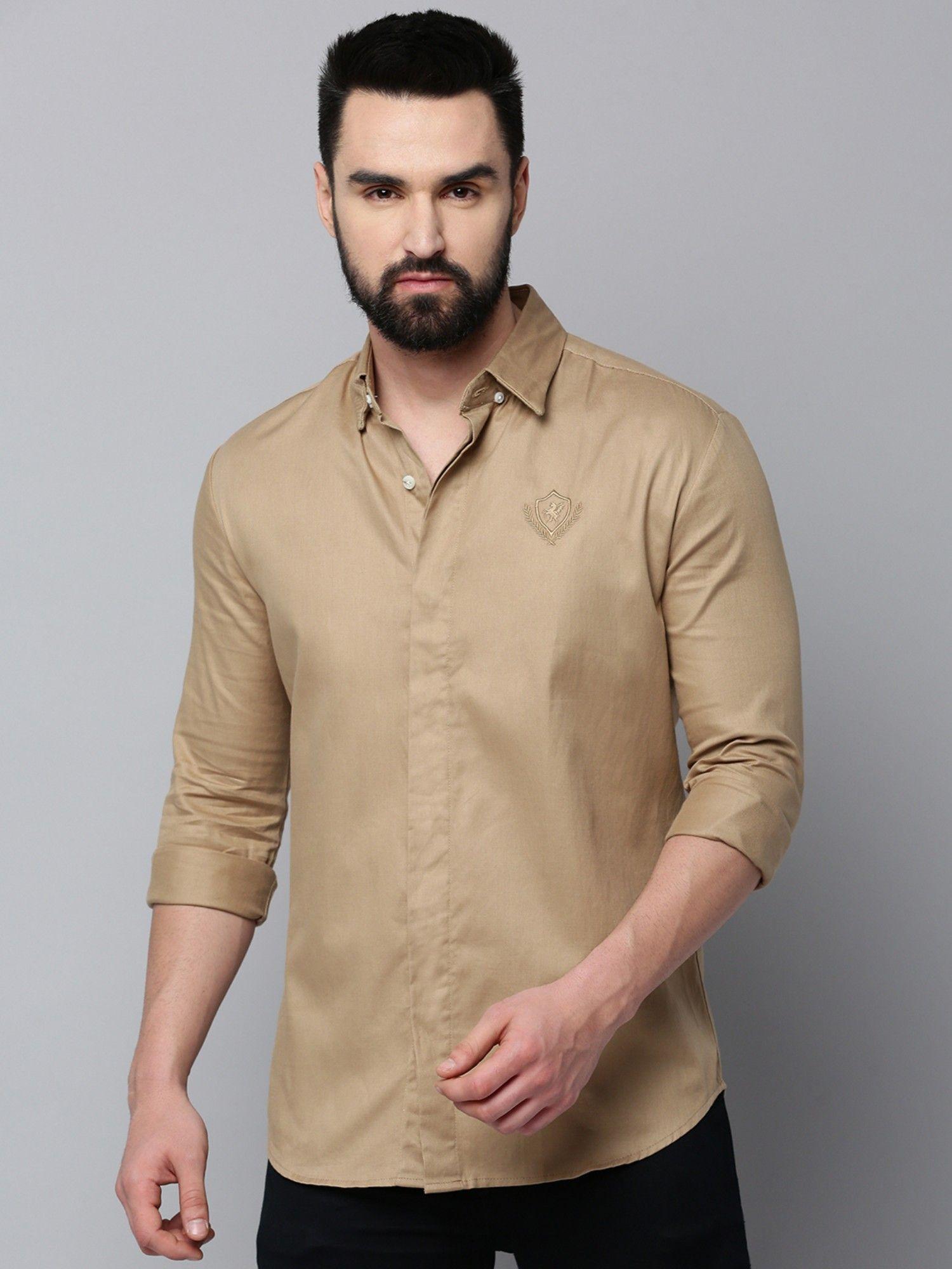 men collar neck long sleeves solid khaki shirt