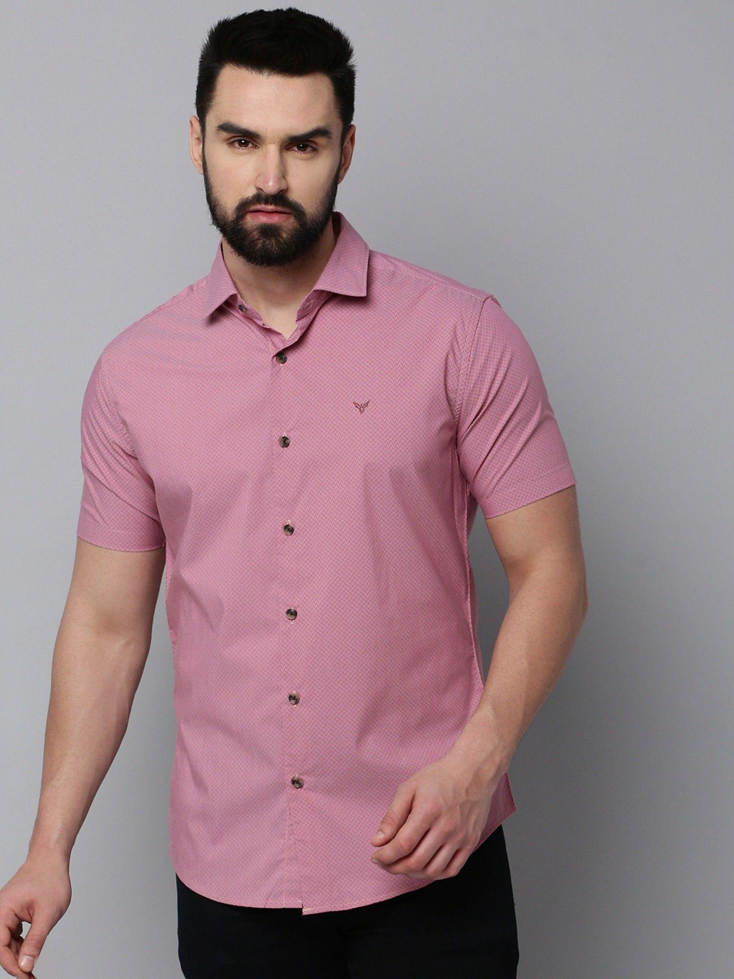 men collar neck short sleeves printed pink shirt