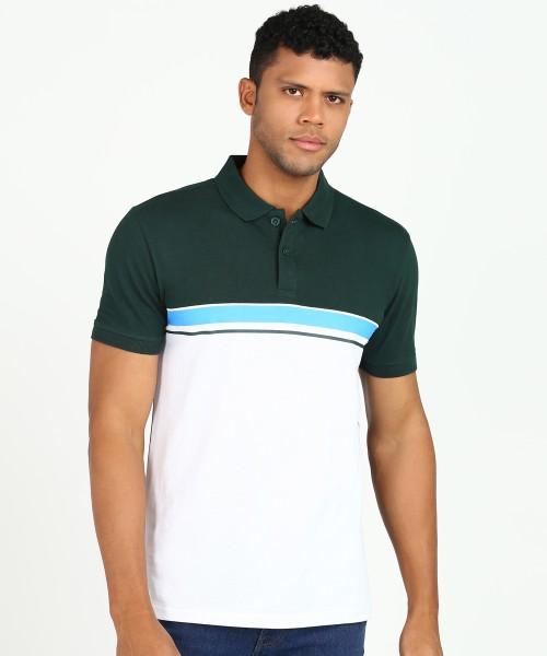 men colorblock polo neck cotton blend green, white t-shirt