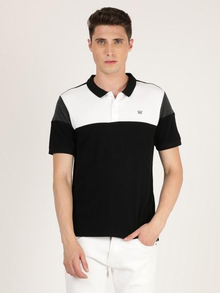 men colorblock polo neck pure cotton black t-shirt