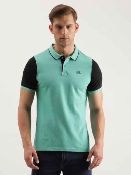 men colorblock polo neck pure cotton green t-shirt