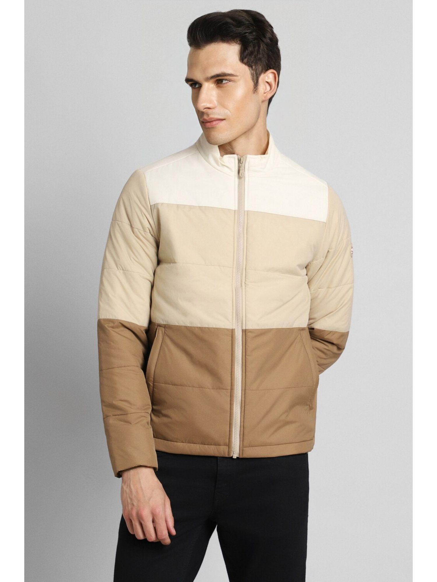 men colorblock regular full sleeves high neck beige puffer jacket