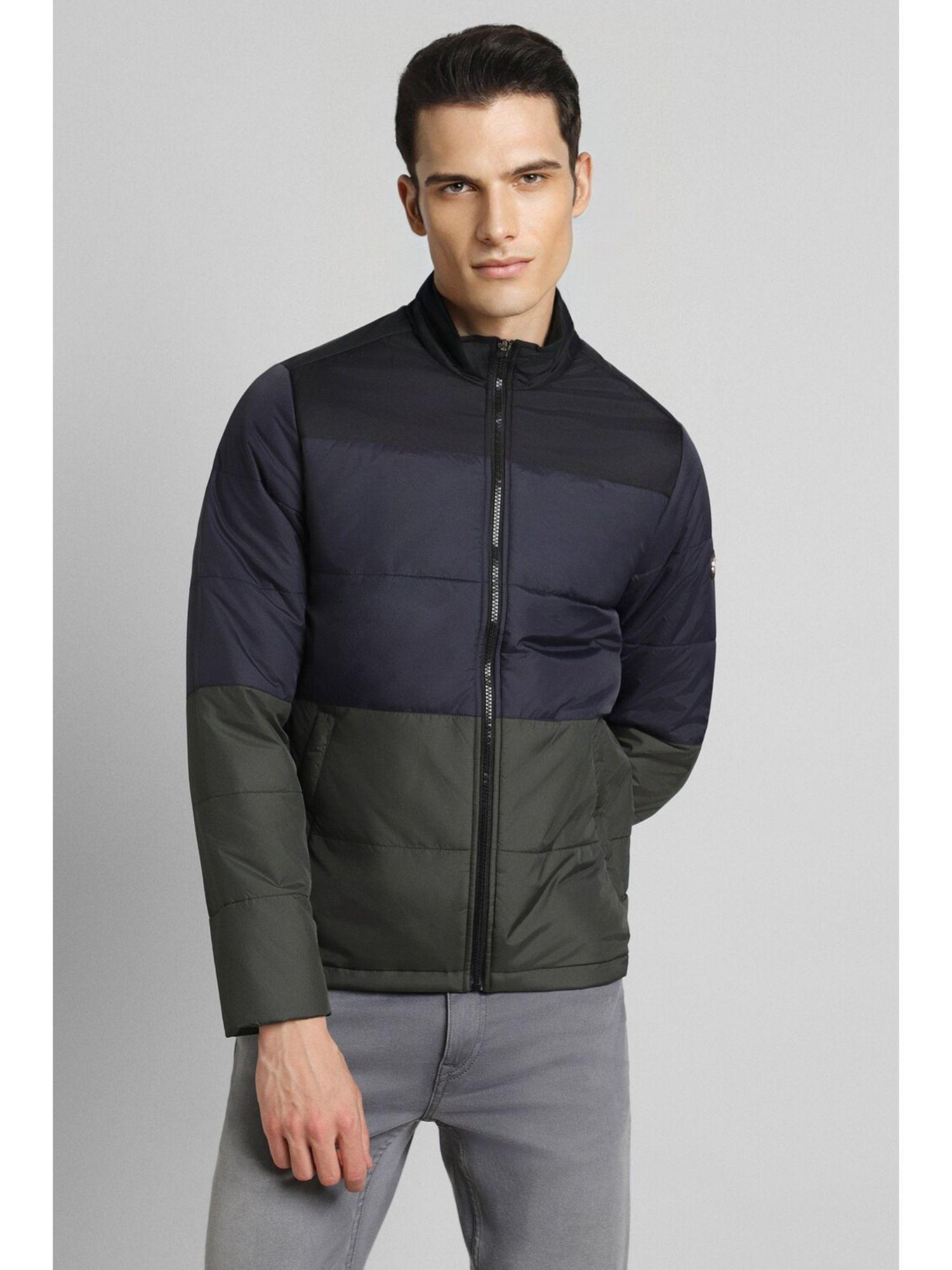 men colorblock regular full sleeves high neck navy blue puffer jacket