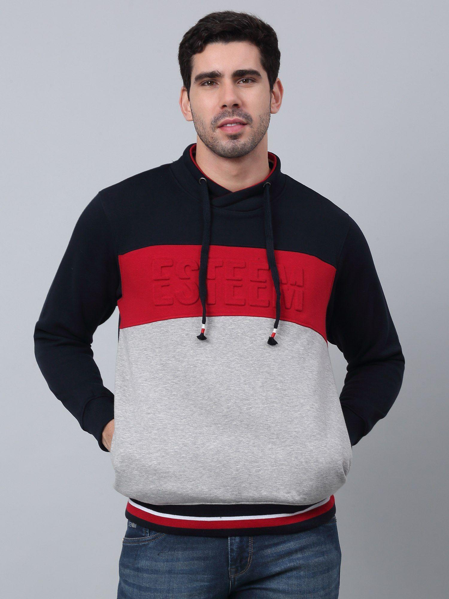 men colorblocked grey mock neck full sleeve fleece casual sweatshirt