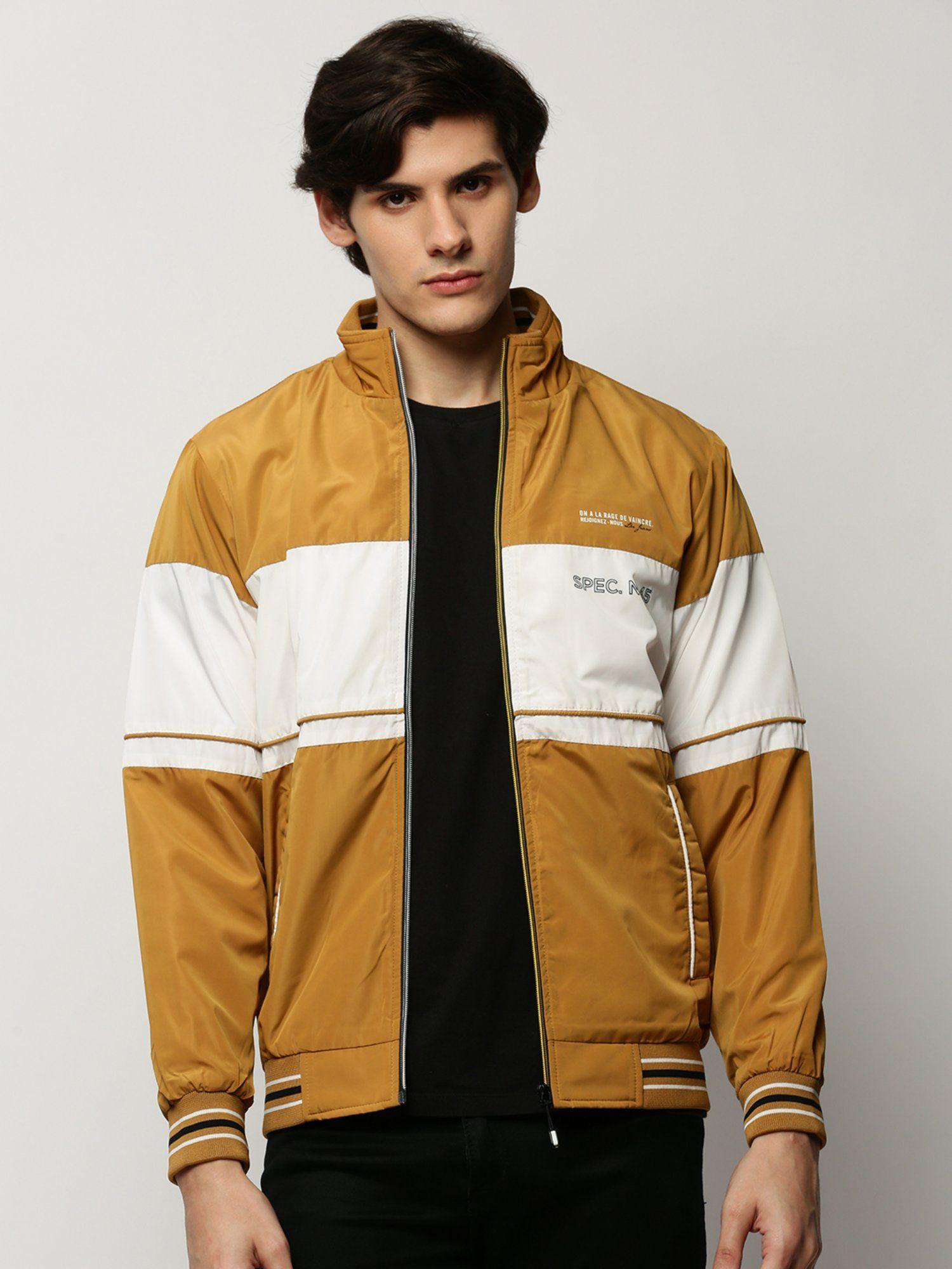 men colorblocked mock collar mustard bomber jacket