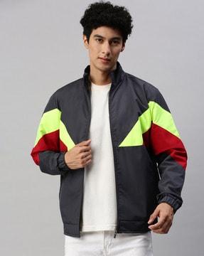 men colour-block zip-front sports jacket