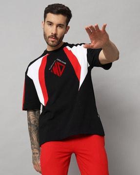 men colourblock oversized fit round-neck t-shirt