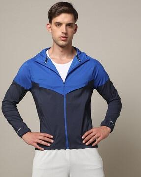 men colourblock regular fit hooded jacket