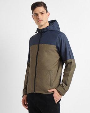 men colourblock regular fit hooded jacket
