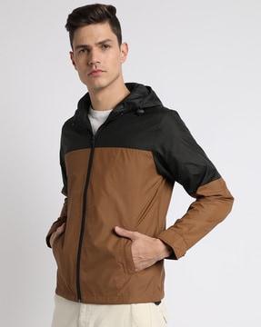 men colourblock regular fit hooded jacket