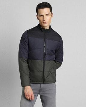 men colourblock regular fit puffer jacket
