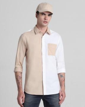 men colourblock regular fit shirt with patch pocket