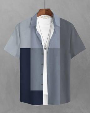 men colourblock regular fit shirt with spread collar