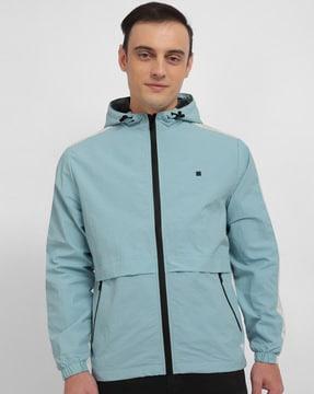 men colourblock regular fit zip-front hooded jacket