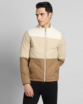 men colourblock regular fit zip-front puffer jacket