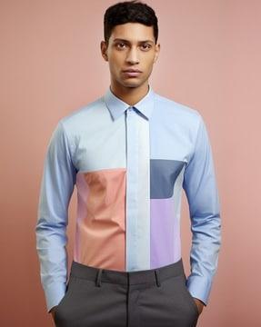 men colourblock semi-formal shirt with spread collar