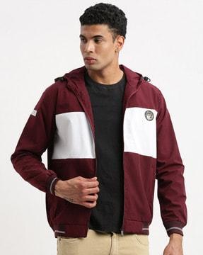 men colourblock slim fit bomber jacket