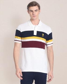 men colourblock slim fit cotton polo t-shirt