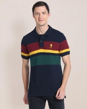 men colourblock slim fit cotton polo t-shirt