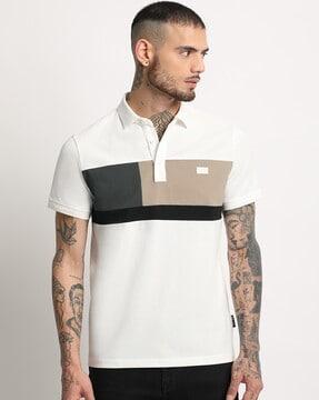 men colourblock slim fit polo t-shirt with collar neck