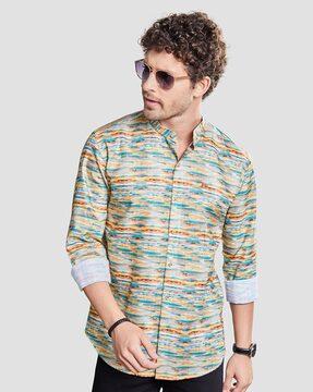 men colourblock slim fit shirt with mandarin collar