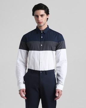 men colourblock slim fit shirt