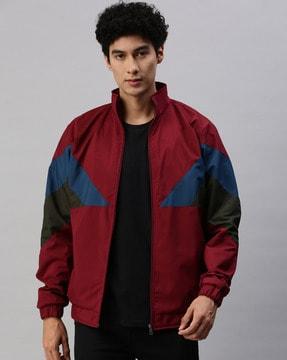 men colourblock slim fit zip-front bomber jacket