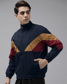 men colourblock slim fit zip-front bomber jacket