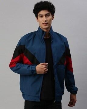 men colourblock zip-front bomber jacket