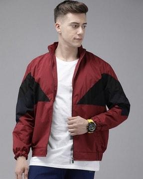 men colourblock zip-front bomber jacket