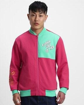 men colourblock zip-front regular fit bomber jacket