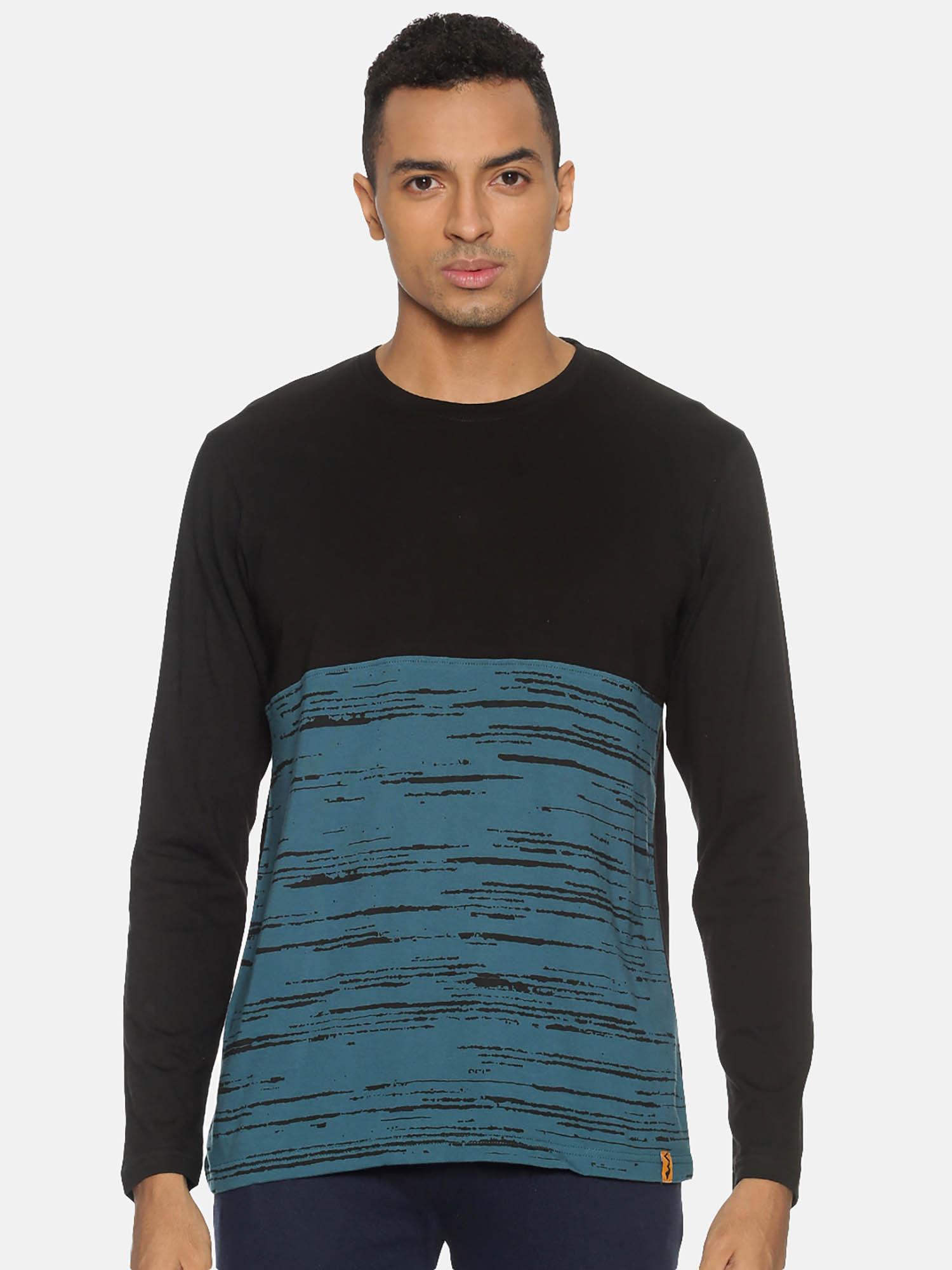 men colourblockeded round neck blue, black t-shirt