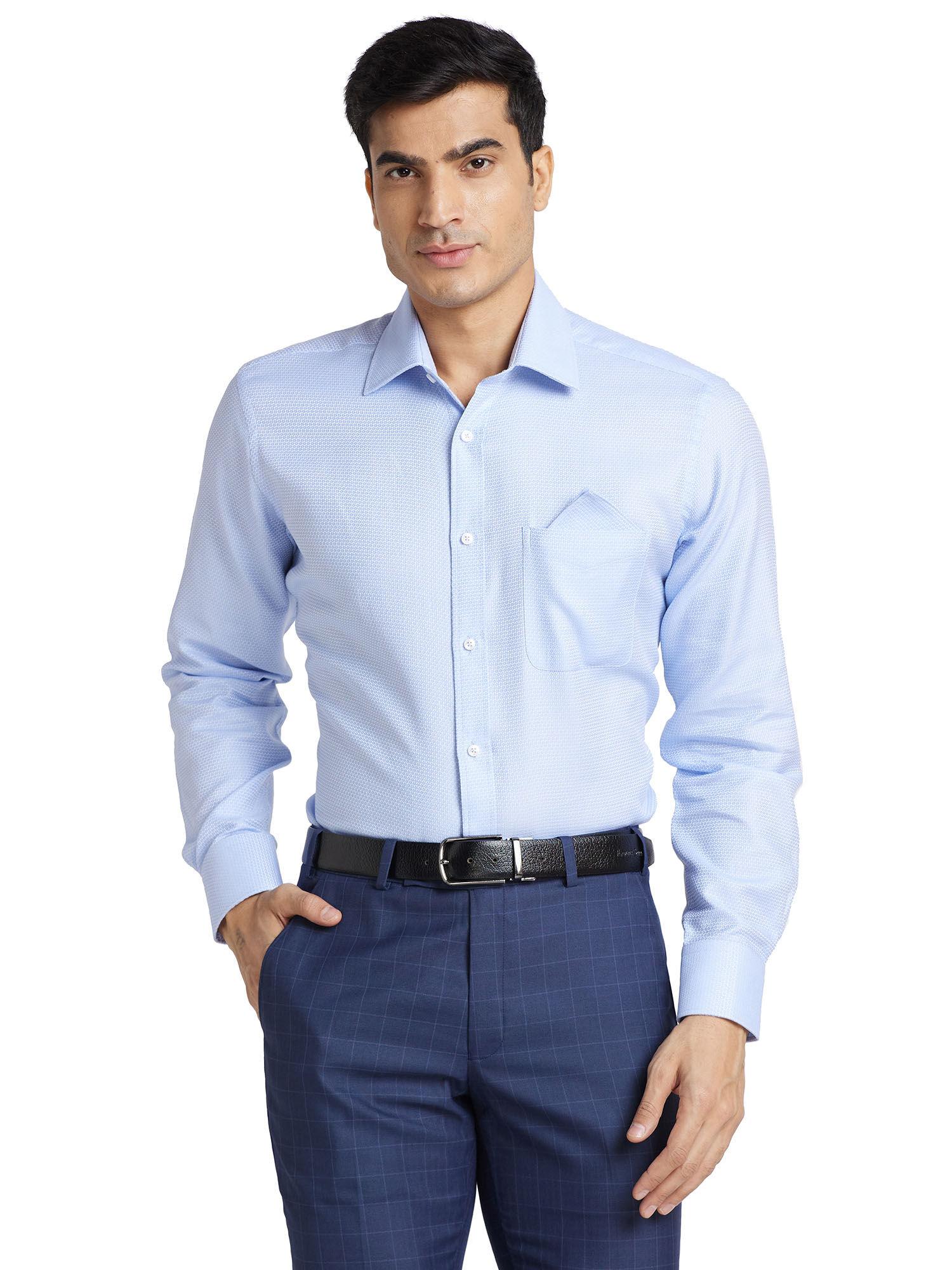 men comfortable fit cotton self design blue formal shirt