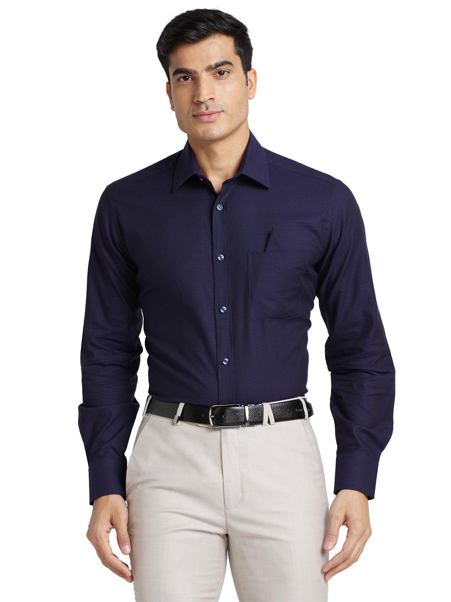 men comfortable fit cotton self design navy blue formal shirt