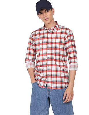 men coral and off white long sleeve check casual shirt